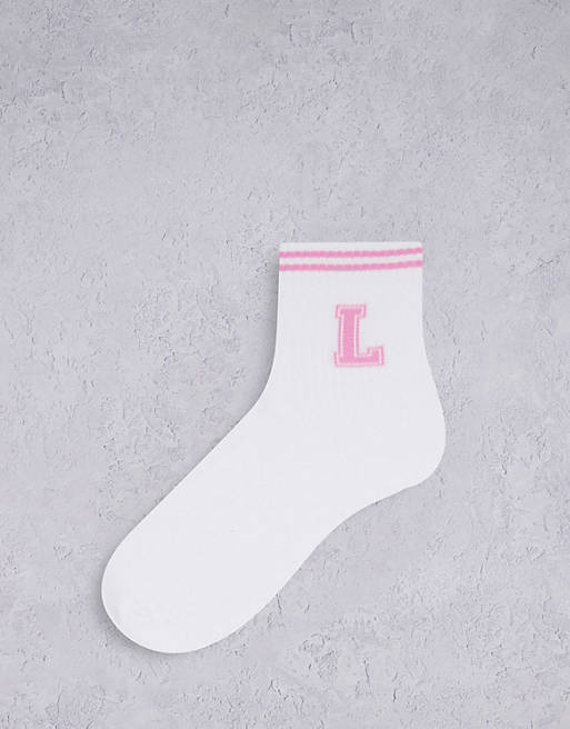 ASOS DESIGN varsity L initial socks with stripe welt in white