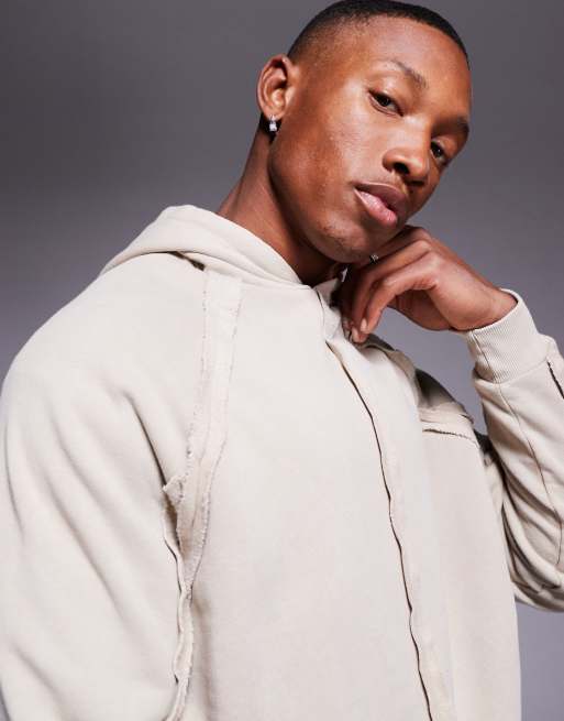 ASOS DESIGN - Vasjet beige oversized hættetrøje med syningsdetalje i firkantet pasform, 3 af 4