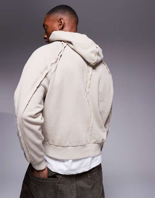 ASOS DESIGN - Vasjet beige oversized hættetrøje med syningsdetalje i firkantet pasform, 4 af 4
