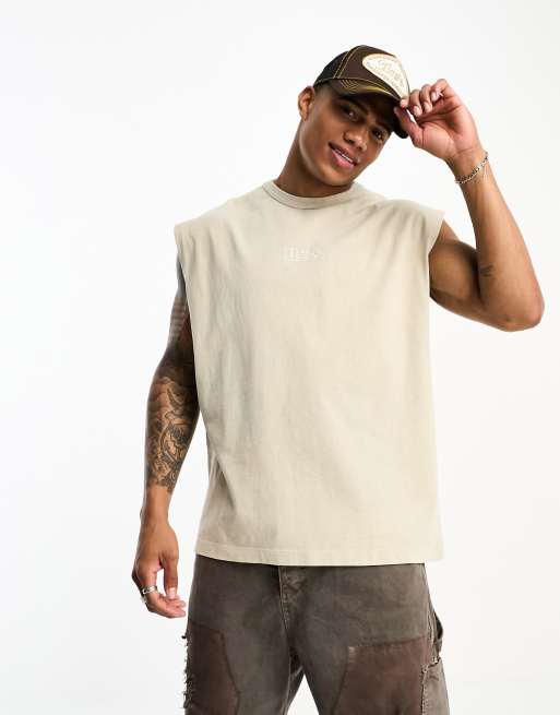 ASOS DESIGN - Vasket beige top med bybroderi på brystet i kraftigt stof på 220 gsm