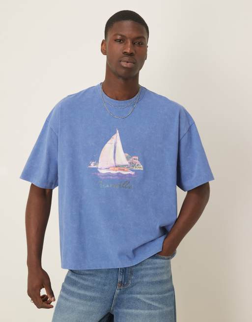 ASOS DESIGN - Vasket blå oversized T-shirt med sommergrafik i kraftigt stof på 220 gsm i firkantet pasform