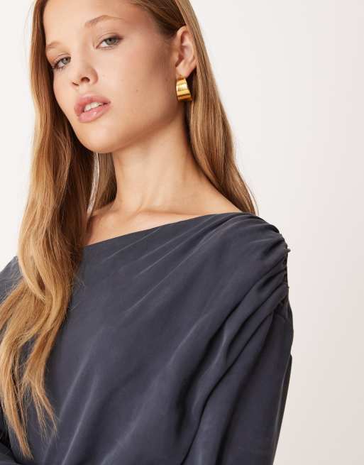 ASOS DESIGN - Vasket blækblå blød asymmetrisk top med rynkedetaljer - Del af sæt, 4 af 4