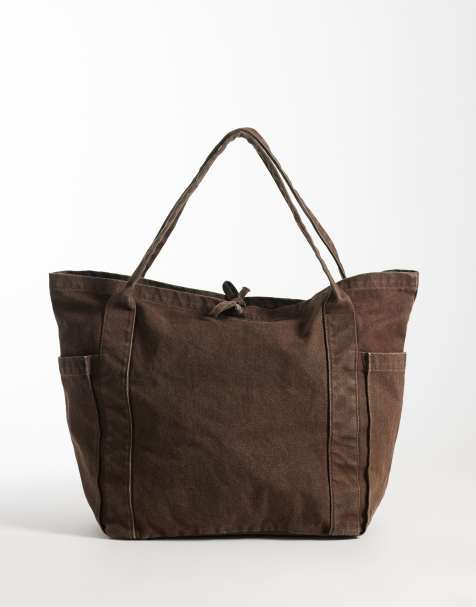 ASOS DESIGN - Vasket chokoladebrun tote-taske med flere lommer i kanvas - view 1