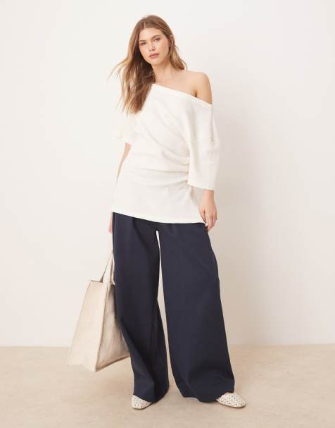 ASOS DESIGN - Vasket cremehvid offshoulder-T-shirt med indsyet talje og vaffelstruktur - view 1