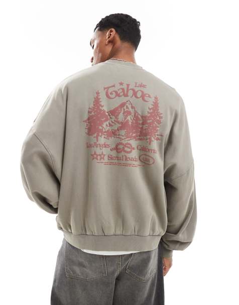 ASOS DESIGN - Vasket grå super-oversized sweatshirt med forhøjet bjergprint på brystet og ryggen - view 1