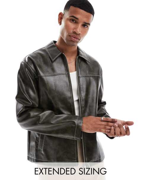 ASOS DESIGN - Vasket grøn Harrington-jakke i imiteret læder - view 1