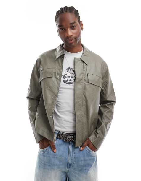 ASOS DESIGN - Vasket grøn Harrington-jakke i imiteret læder - view 1