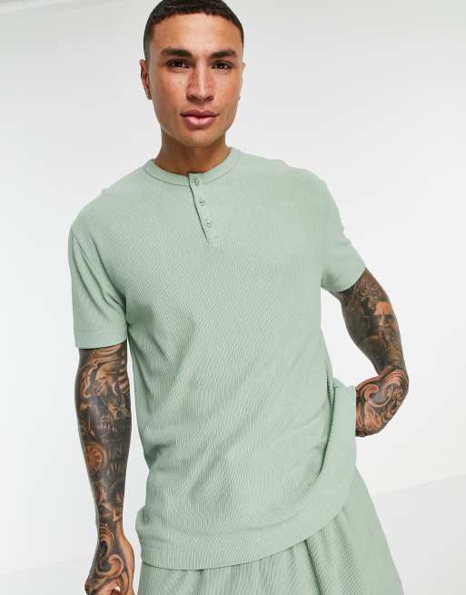 ASOS DESIGN - Vasket grøn t-shirt med halve ærmer i tung ribstrik i afslappet pasform - Del af sæt