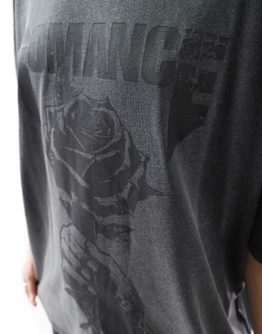 ASOS DESIGN - Vasket koksgrå oversized T-shirt med romantisk rock-grafik, 3 af 4