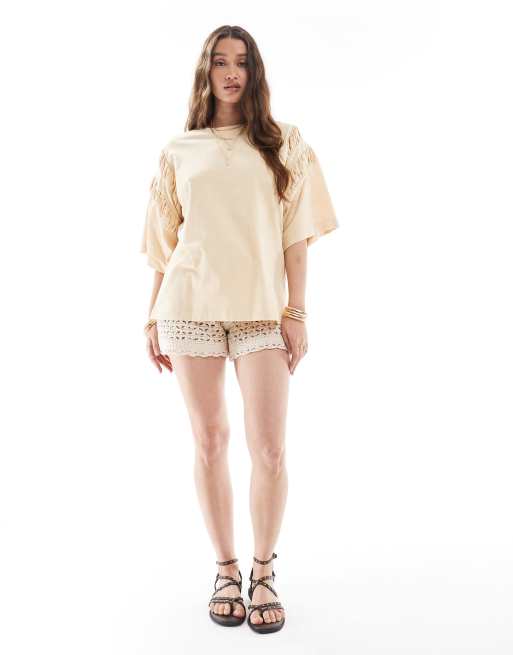 ASOS DESIGN - Vasket lysegul oversized T-shirt med rynkedetaljer på ærmerne, 2 af 4