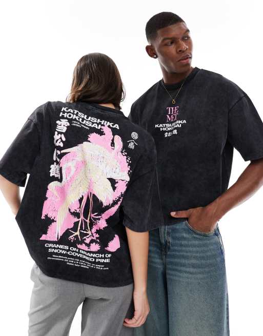 ASOS DESIGN - Vasket lyserød oversized unisex-T-shirt med licenseret 'Hokusai Crane'-print i firkantet pasform