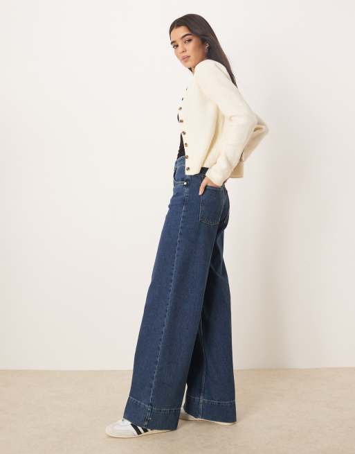 ASOS DESIGN - Vasket mørkeblå jeans med vide ben og dybe sømkanter - Del af sæt, 2 af 5