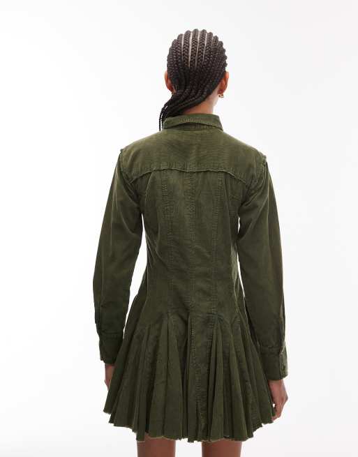 ASOS DESIGN - Vasket olivengrøn skjortekjole med indsyet talje og paneler i fløjl, 3 af 4