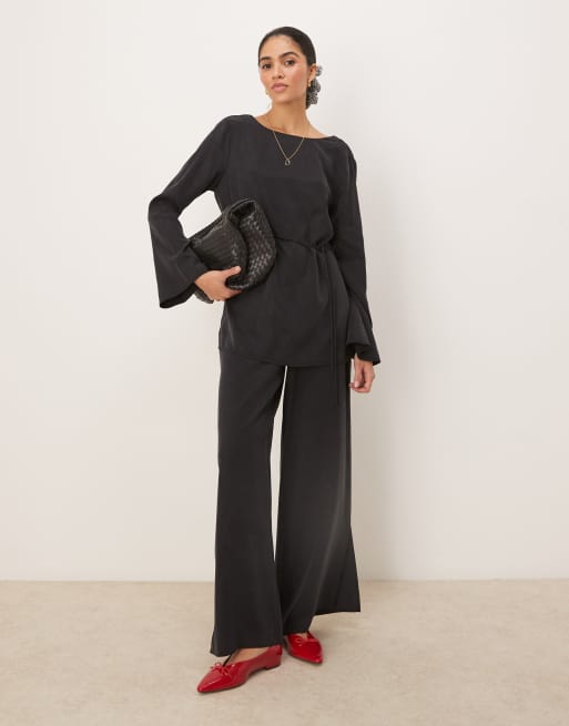 ASOS DESIGN - Vasket sort blødt sæt med top og bukser med vide ben i afslappet pasform