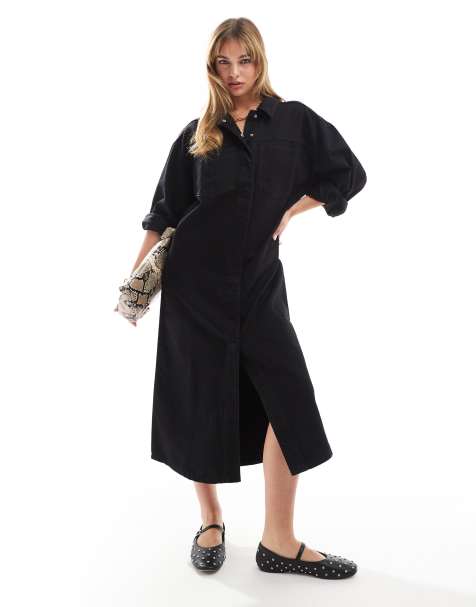 ASOS DESIGN - Vasket sort maxi-skjortekjole i denim - view 1