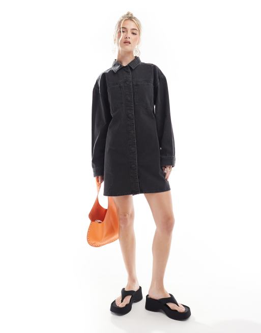 ASOS DESIGN - Vasket sort mini-skjortekjole i denim