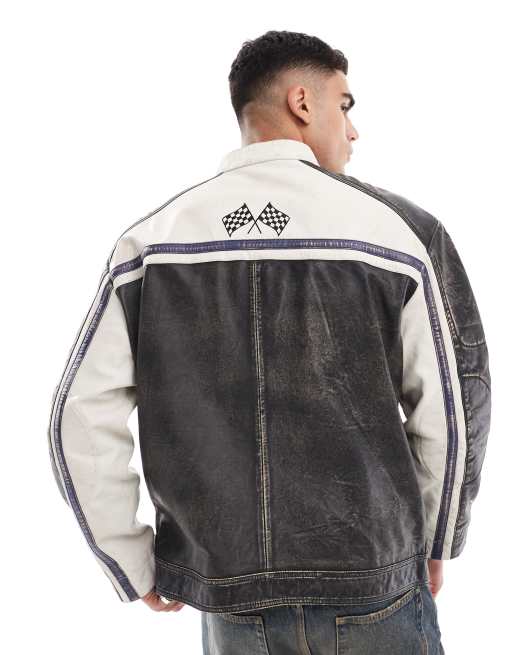 ASOS DESIGN - Vasket sort motocross-jakke med mærker i ægte læder, 3 af 4