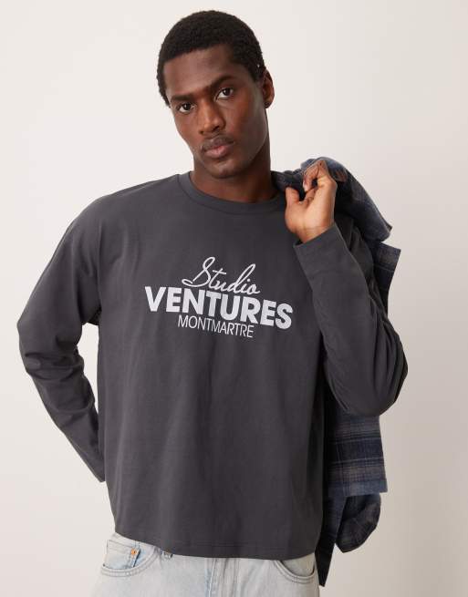 ASOS DESIGN - Vasket sort oversized T-shirt med print på brystet i firkantet pasform