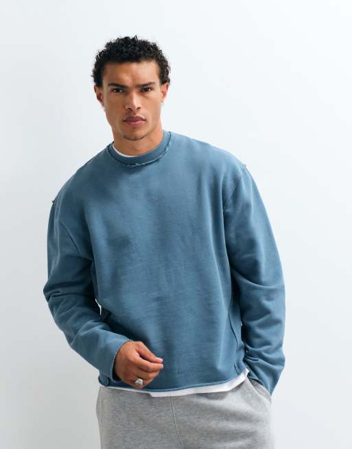 ASOS DESIGN vasket sweatshirt med print, rå kanter og sømme på vrangen i blå, 2 af 5