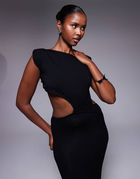 ASOS DESIGN - VE - Midi jurk met schoudervullingen en gedraaide taille in zwart - view 1