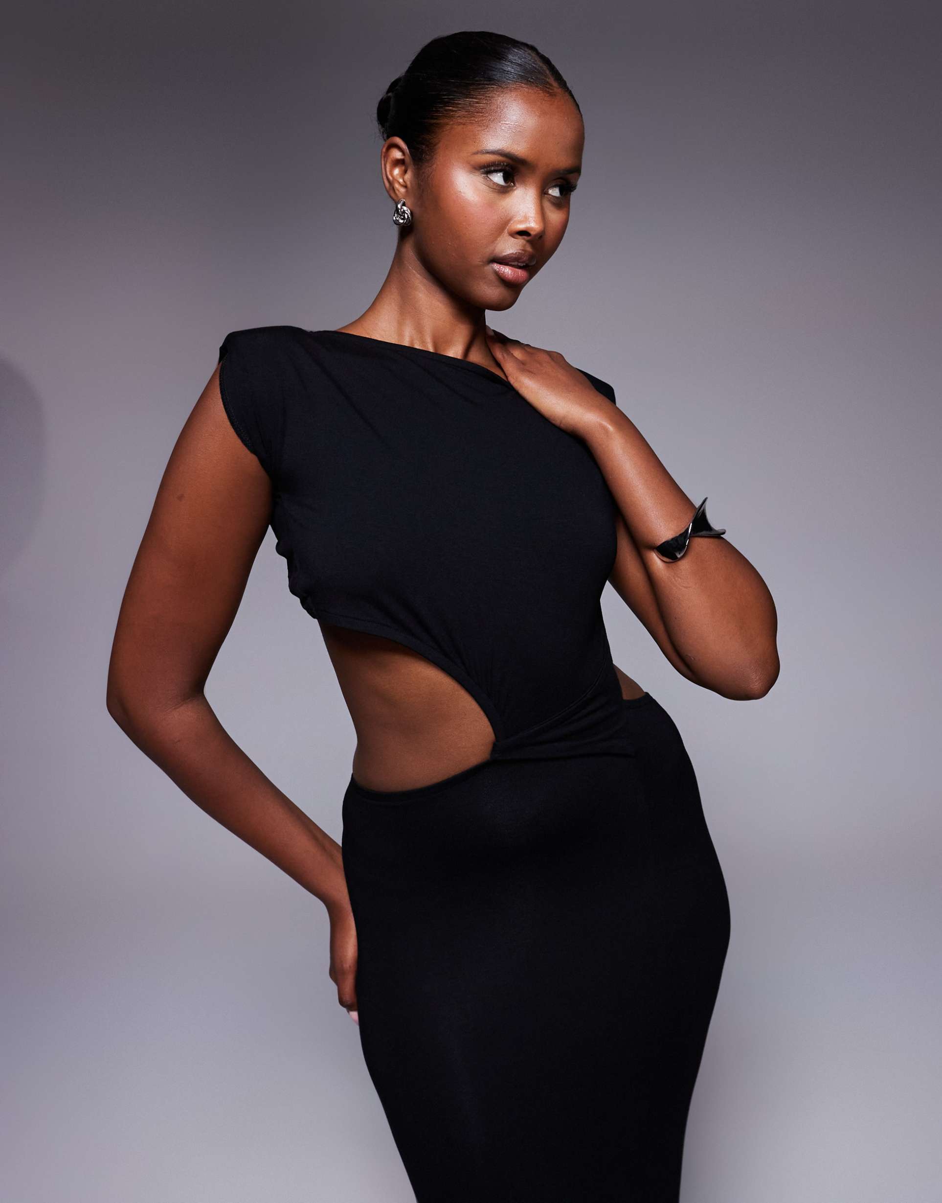 asos design ve shoulder pad twist waist midi dress in black