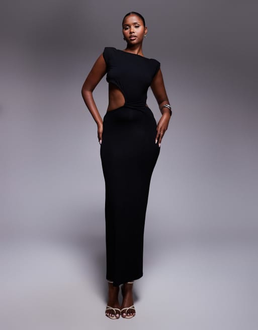 ASOS DESIGN - VE - Vestito midi nero con spalline imbottite e vita intrecciata, 2 di 4