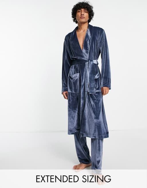 Men's Luxury Navy and Red Striped Velour Dressing Gown