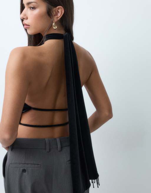 ASOS DESIGN velour halterneck med frynser og keyhole-udskæring i sort, 4 af 5