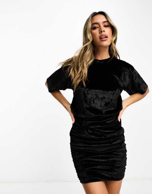 ASOS DESIGN velour mini dress with twist skit in black | ASOS