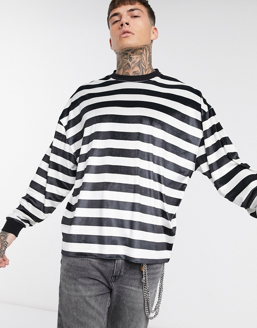 ASOS DESIGN - Velour oversized gestreepte T-shirt met lange mouwen-Zwart