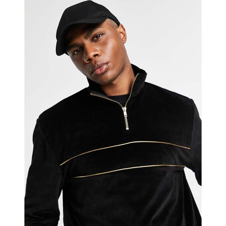 ASOS DESIGN velour sweatshirt with half zip in black with gold