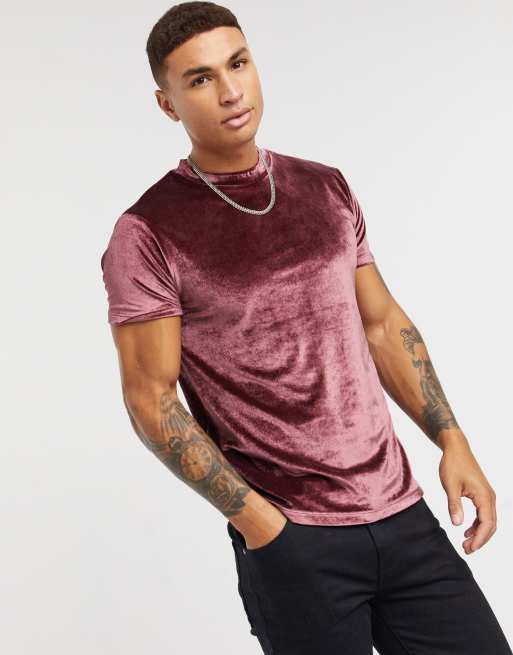 ASOS DESIGN velour t shirt in burgundy