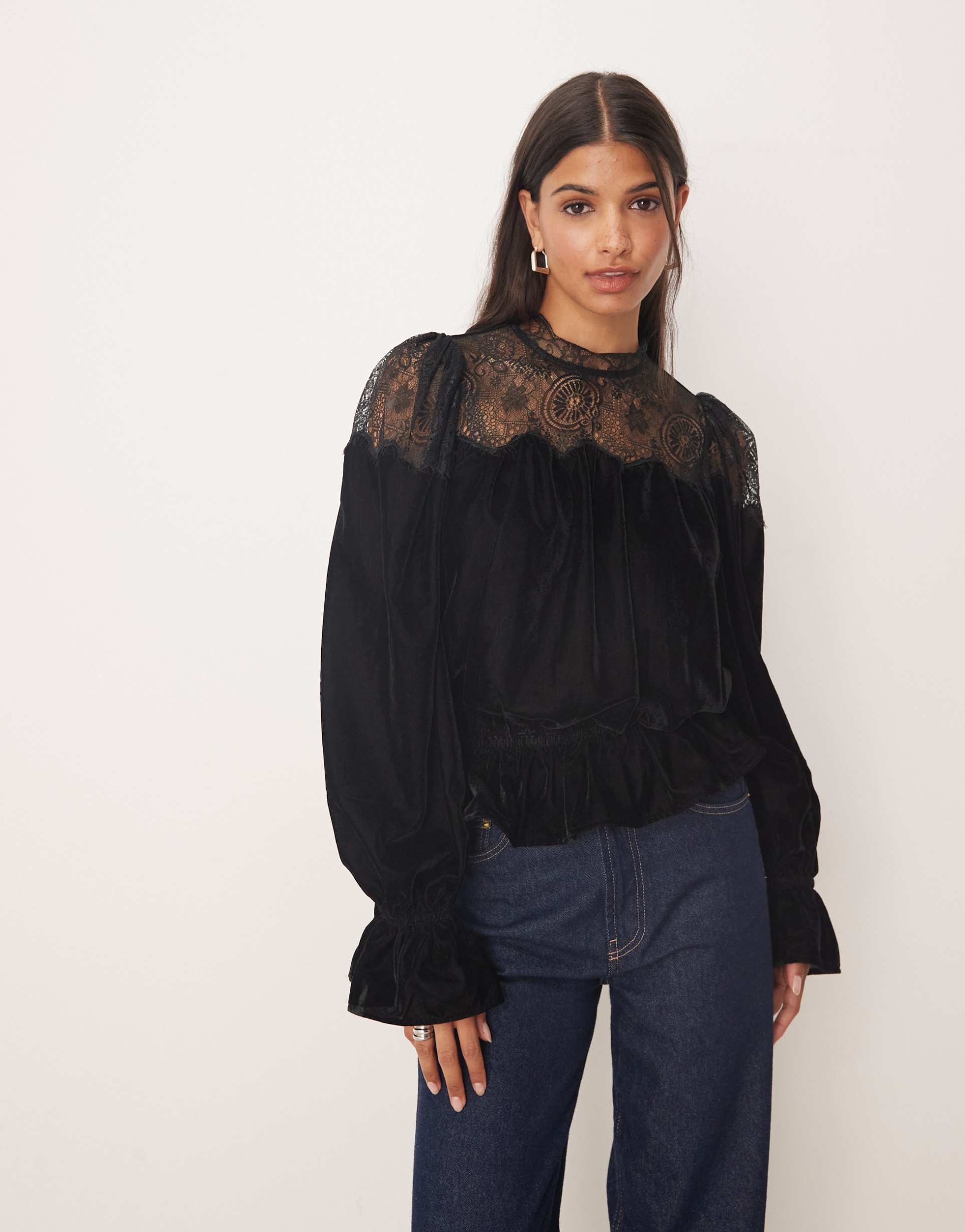 asos design velvet and lace mix high neck long sleeve blouse in black