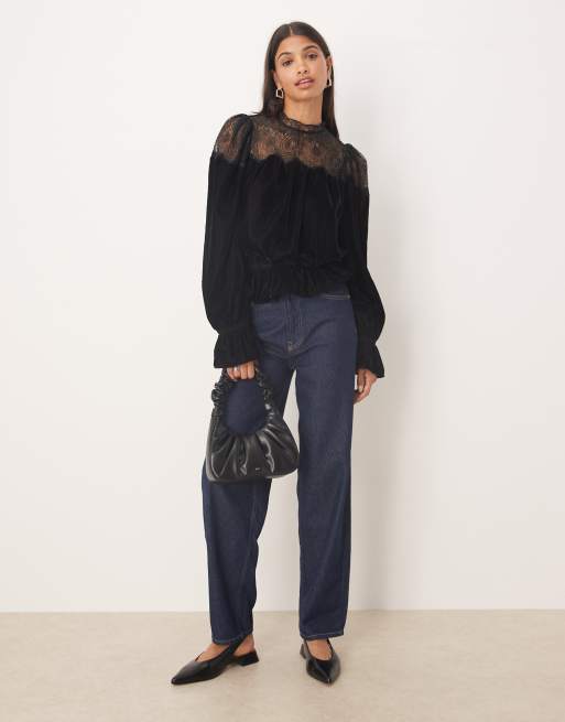 ASOS DESIGN velvet and lace mix high neck long sleeve blouse in black, 2 of 4