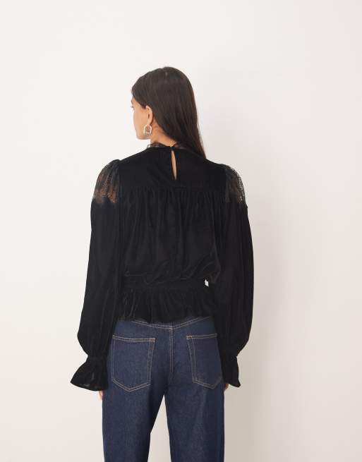 ASOS DESIGN velvet and lace mix high neck long sleeve blouse in black, 3 of 4