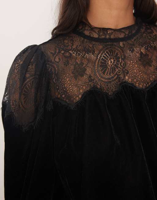 ASOS DESIGN velvet and lace mix high neck long sleeve blouse in black, 4 of 4