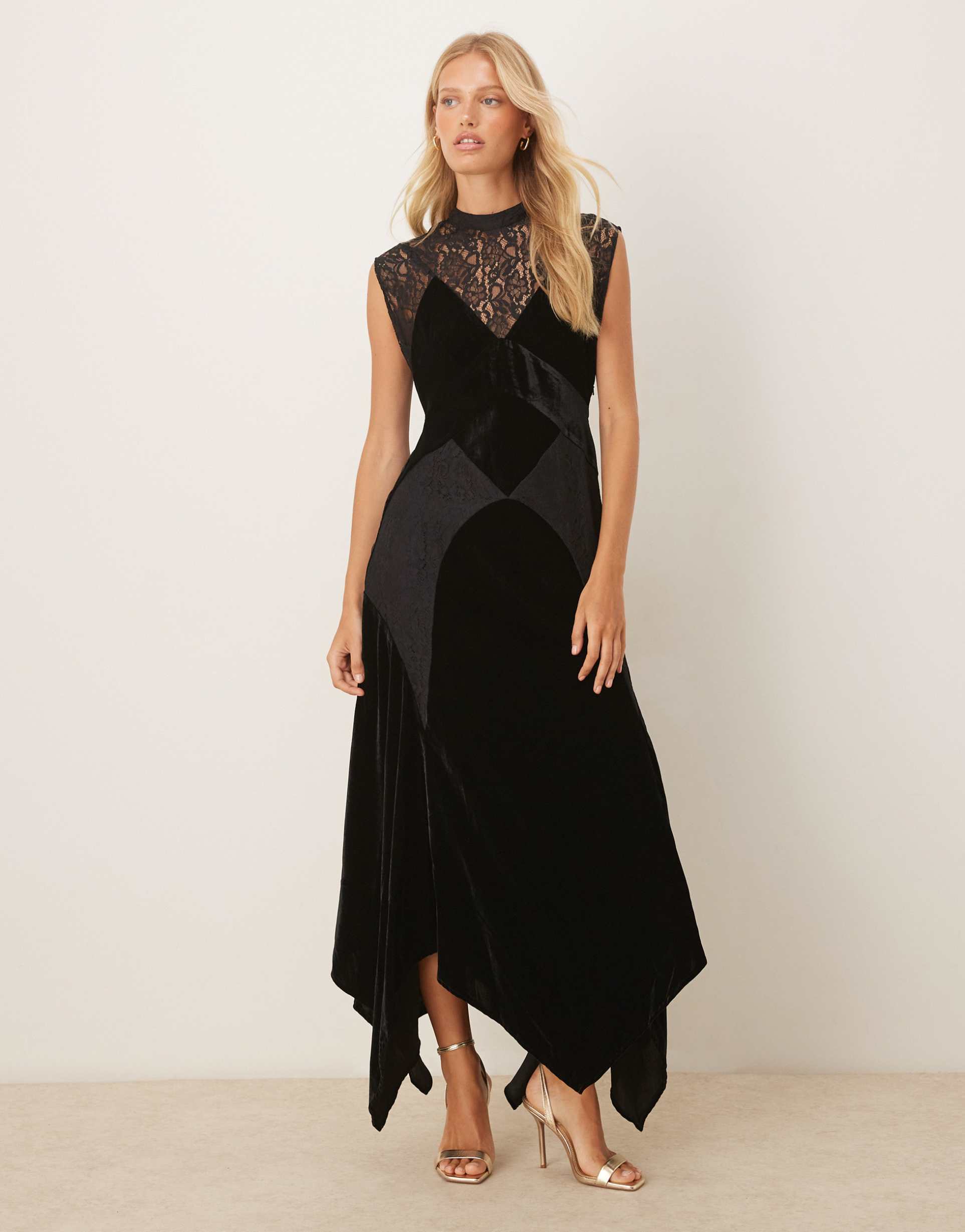 asos design velvet and lace mix maxi dress with handkerchief hem in black