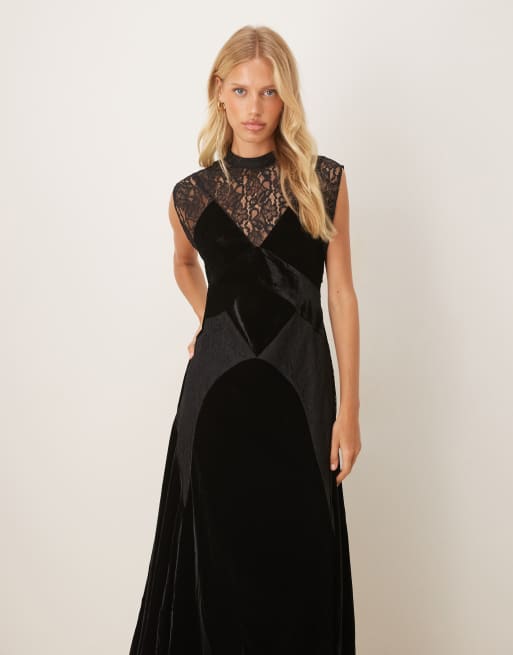 ASOS DESIGN velvet and lace mix maxi dress with handkerchief hem in black