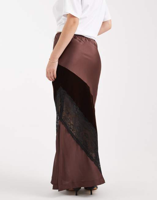ASOS DESIGN velvet and lace mix satin maxi skirt in chocolate, 2 of 4