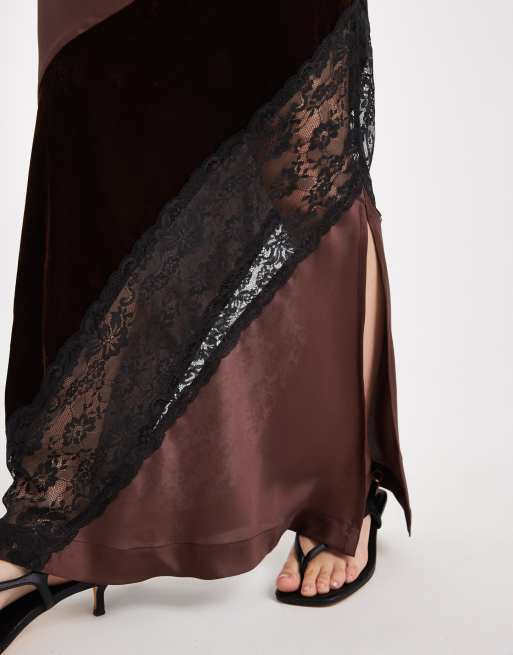 ASOS DESIGN velvet and lace mix satin maxi skirt in chocolate, 3 of 4
