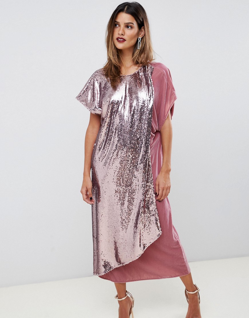 ASOS DESIGN velvet and sequin mix asymmetric drape midi dress-Pink