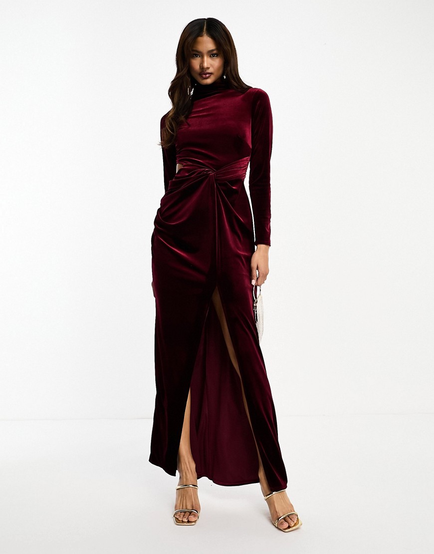 ASOS DESIGN velvet asymmetric ruched knot midi pencil dress in wine-Purple