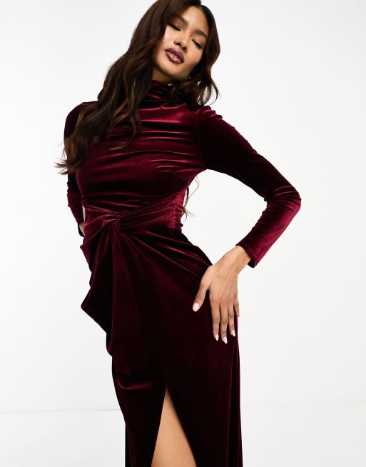 ASOS DESIGN velvet asymmetric ruched knot midi pencil dress in wine