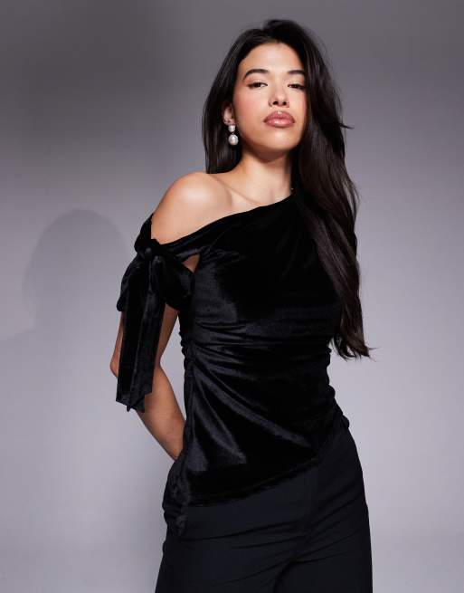 ASOS DESIGN velvet asymmetric tie shoulder top in black