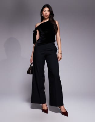 Asos Design Velvet Asymmetric Tie Shoulder Top In Black