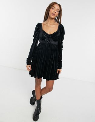 ASOS DESIGN velvet babydoll mini dress in black