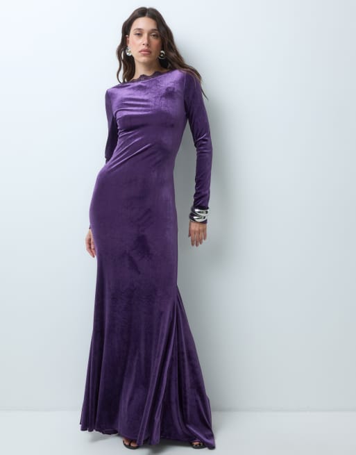 ASOS DESIGN velvet backless long sleeve maxi dress with lace detail in plum, 2 of 5