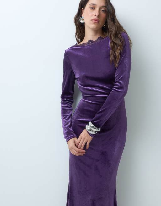 ASOS DESIGN velvet backless long sleeve maxi dress with lace detail in plum, 5 of 5