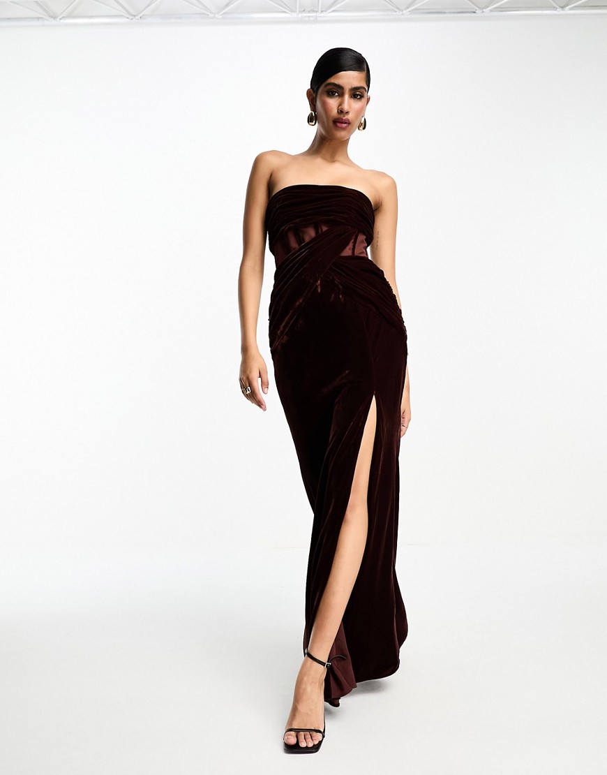 Asos Design Velvet Bandeau Corset Detail Maxi Dress In Chocolate-brown