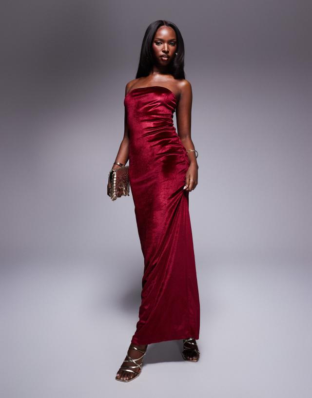 ASOS DESIGN velvet bandeau dress maxi in burgundy